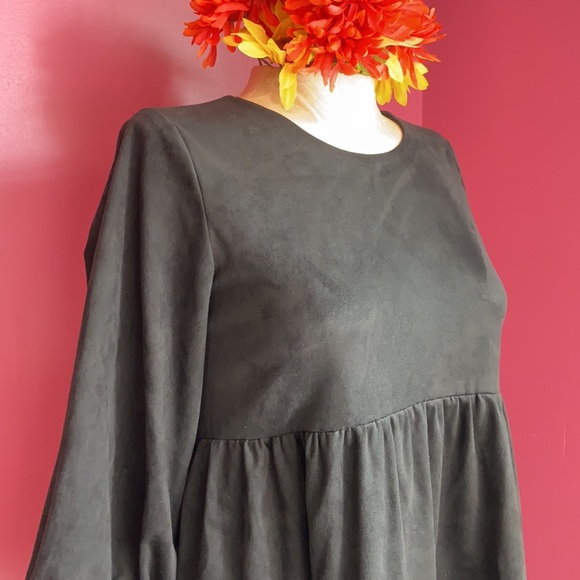 Zara Faux Suede Long Sleeve Ruffle Puff Sleeve Black Dress XS - Picture 4 of 9